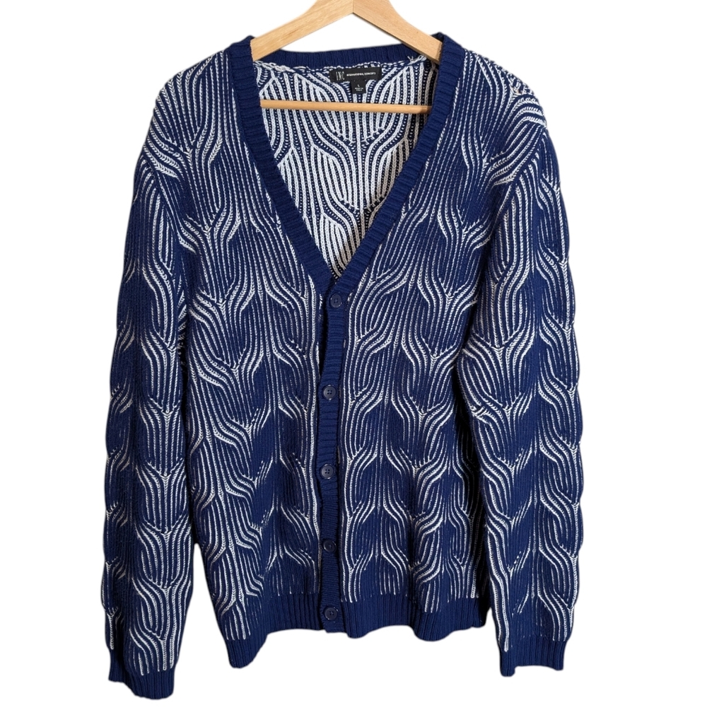 INC International Men's Blue and‎ White Glitz Cardigan Sweater Size Large